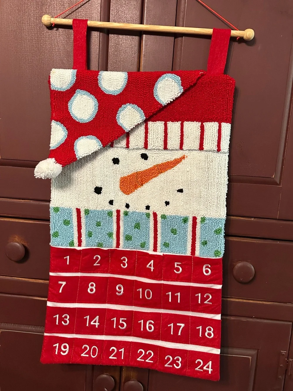 Textured Hooked Fabric Red Snowman Advent Calendar Wall Hanging